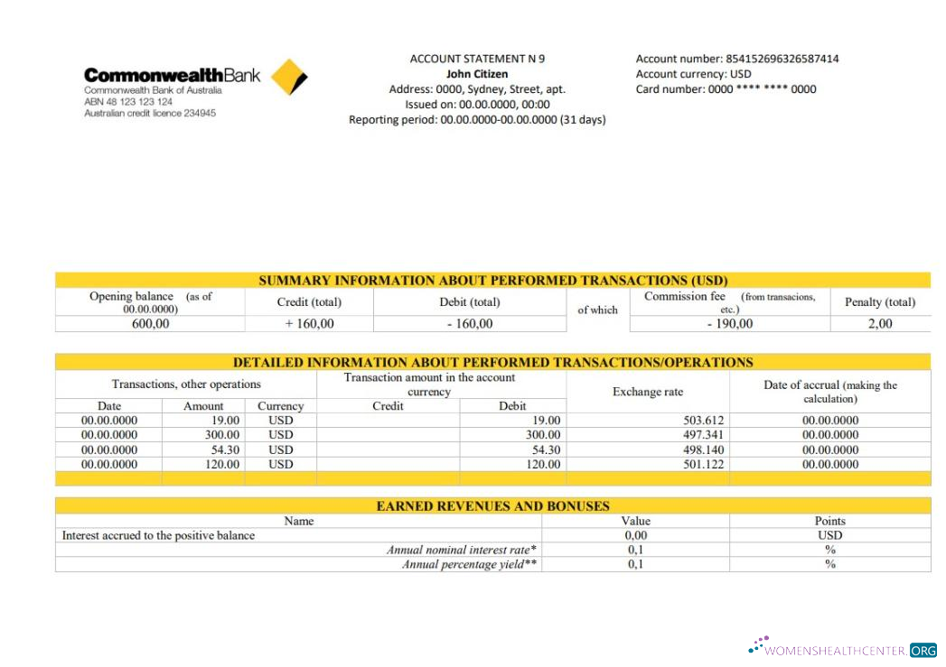 Download Australia Commonwealth account proof of address bank statement Photoshop template